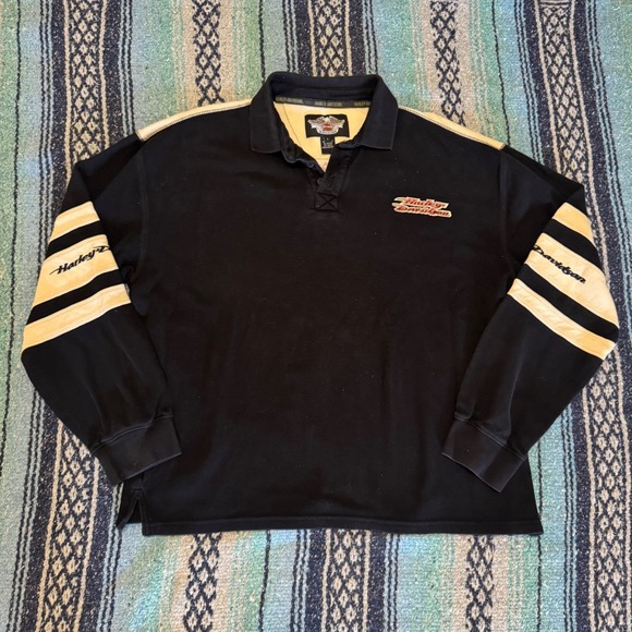 Harley-Davidson Other - Harley-Davidson Mens Long Sleeve Polo Rugby Shirt Black Cream Racing Stripe